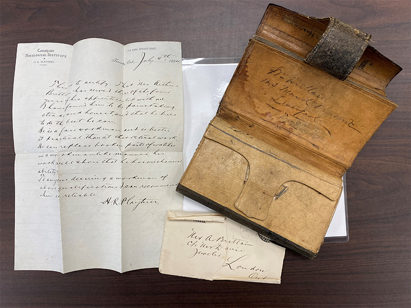 Arthur Brittain’s Wallet and letter from Canadian Horological Institute.