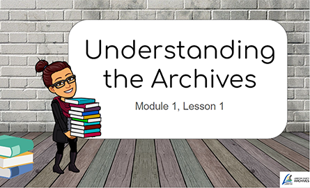 A Bitmoji of the archivist with text - Understanding the Archives