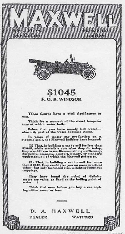 Advertisement for F.O.B Windsor car at Maxwell Car dealer.