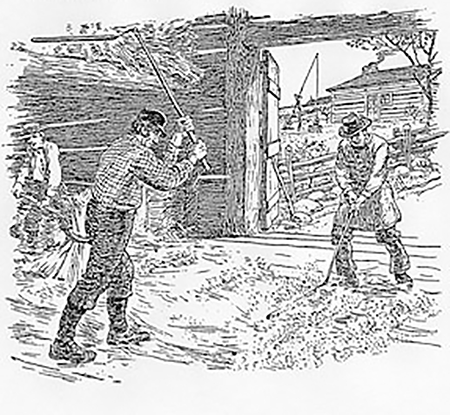 Drawing of 2 farmers using flails to separate straw from grain.
