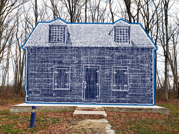 A blueprint of the Canatara Cabin overlaid on a photo of the location at the museum.