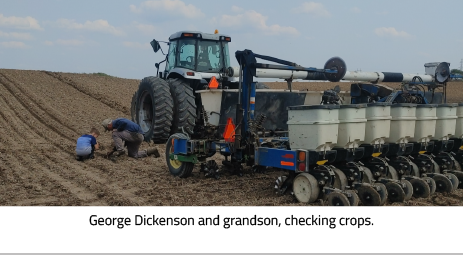 George Dickenson and grandson, checking crops.