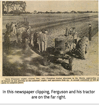 Group of men standing on the side of a field. To the right one man sits on a tractor looking back at the field. Image Caption: In this newspaper clipping, Ferguson and his tractor are on the far right.
