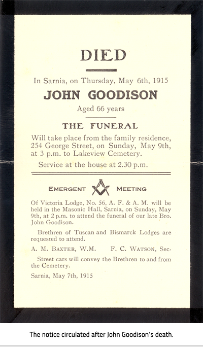 (Funeral notice for John Goodison. Image Caption: "The notice circulated after John Goodison's Death"), link.