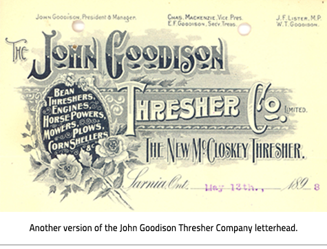 (Letterhead for the John Goodison Thresher Co. advertising all their different machines. Image Caption: "Another version of the John Goodison Thresher Company letterhead."), link.