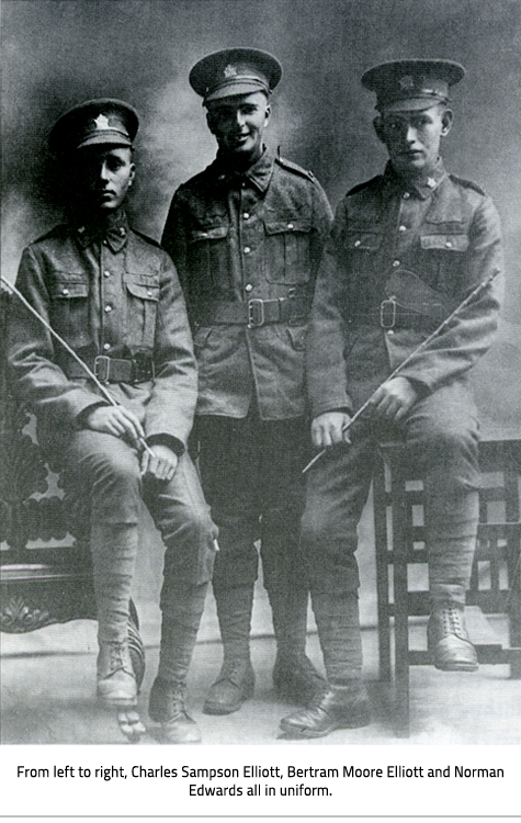 Charles Sampson Elliott, Bertram Moore Elliott and Norman Edwards in uniform, link.