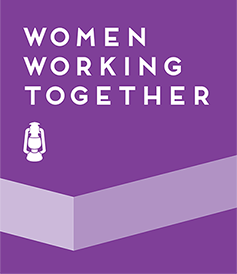 Purple button with text, "Women Working Together" and a lantern icon, link.