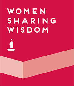 Red button with text, "Women Sharing Wisdom" and a candle icon, link.