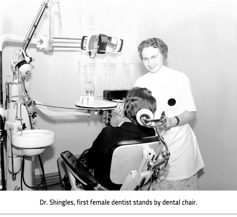 (Image Caption: "Dr. Shingles, first female dentist stands by dental chair"), link.
