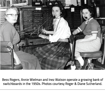 (Image Caption: "Bess Rogers, Annie Wielman and Inez Watson operate a growing bank of switchboards in the 1950s. Photos courtesy Roger & Diane Sutherland."), link.