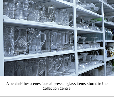 Pressed glass in storage. Image Caption: "A behind-the-scenes look at pressed items stored in the Collection Centre." ), link.