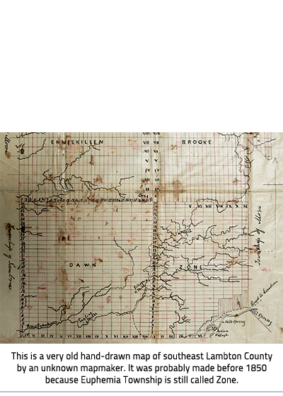 Map of Lambton County with text at bottom of image, "This is a very old hand-drawn map of southeast Lambton County by an unknown mapmaker. It was probably made before 1850 because Euphemia Township is still called Zone."