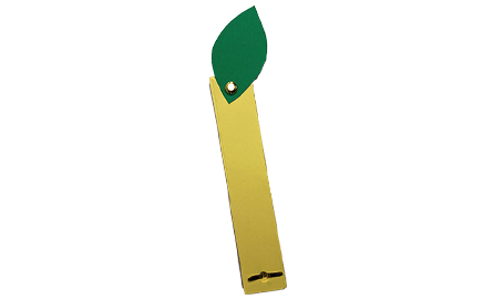 A yellow strip of paper with a brass fastener holding a green paper leaf.
