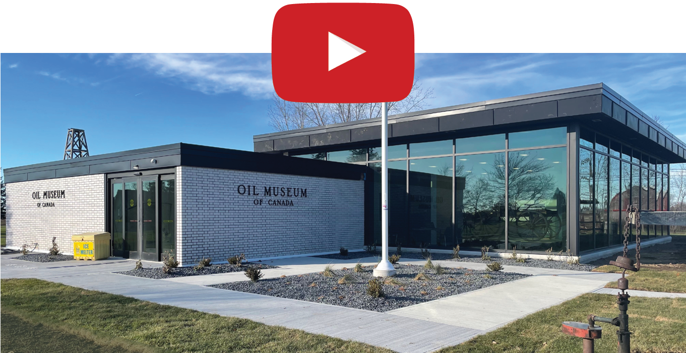 YouTube logo with front of Oil Museum of Canada building.