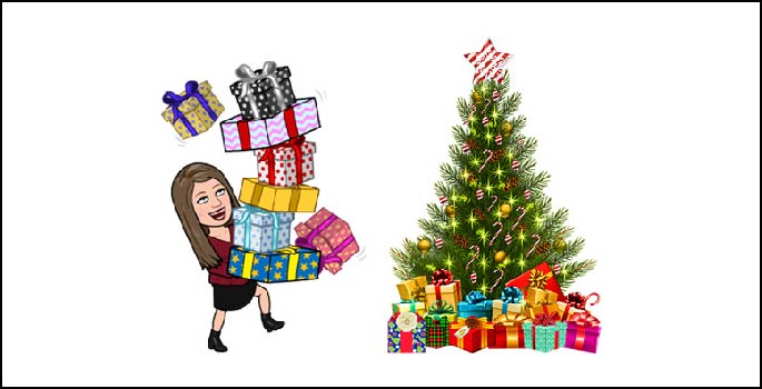 Bitmoji holding presents next to a Christmas tree.