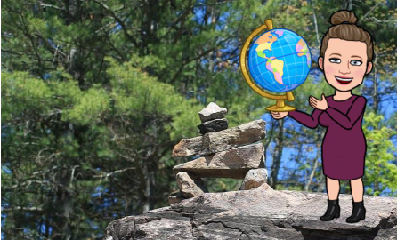 Cartoon lady standing on a rock holding a globe.