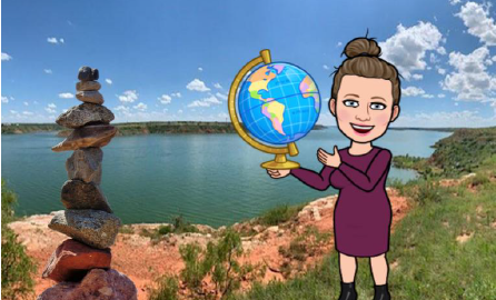Cartoon lady holding a globe.