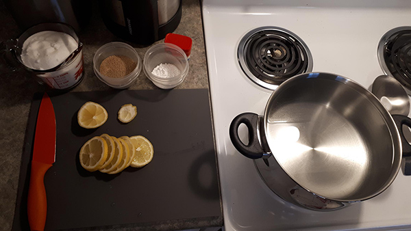 Ingredients on the counter with a pot on a stove.