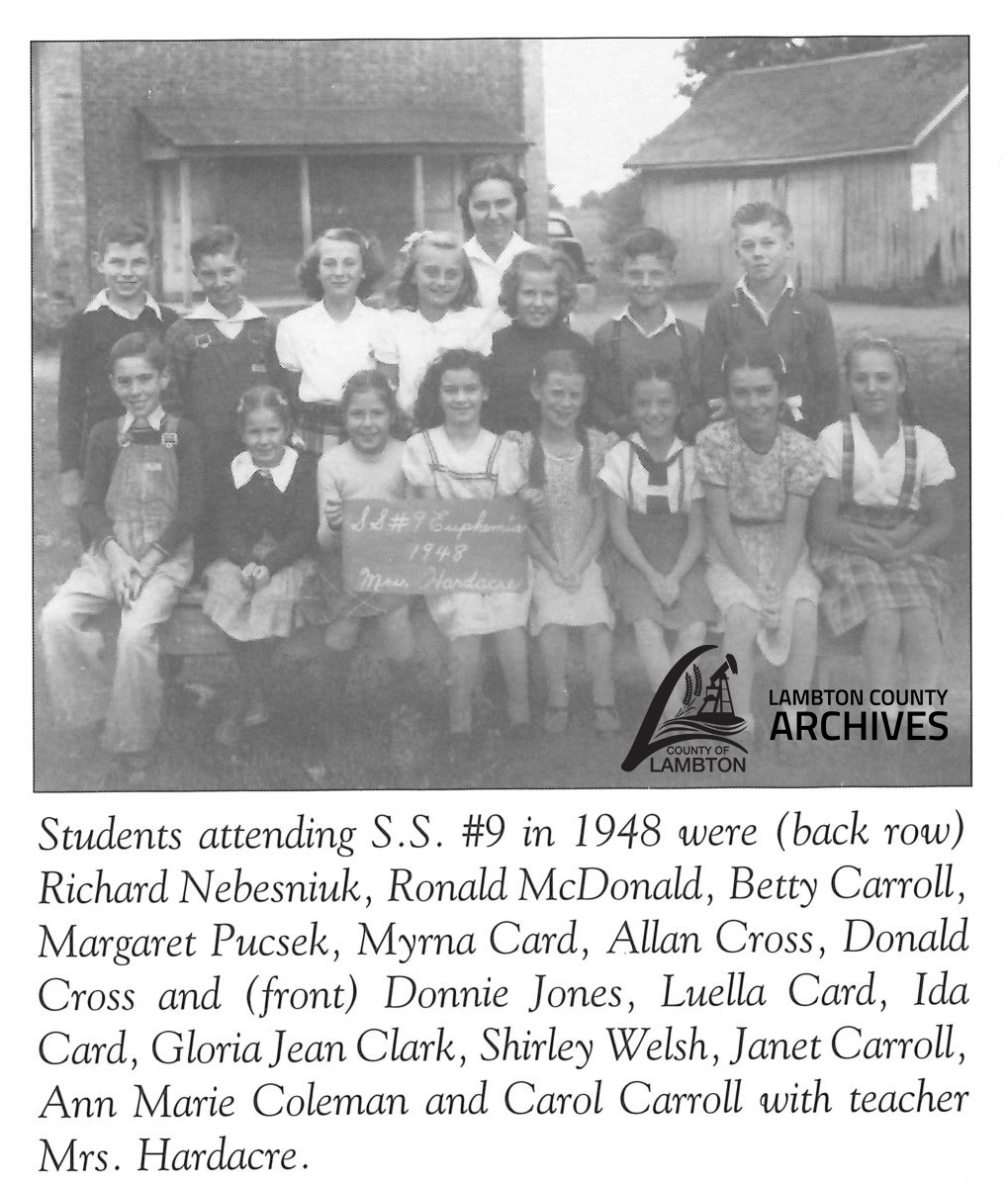 image of students in front of school, names listed below.