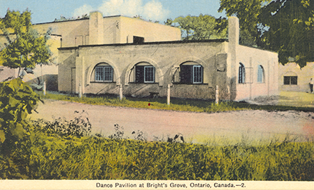 Archival postcard of beige building, labelled "Dance Pavillion at Bright's Grove, Ontario, Canada"