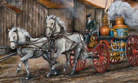 A detailed painting of a vintage horse-drawn steam fire engine racing toward a burning wooden oil facility, with thick smoke billowing in the background.