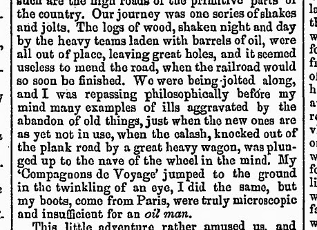 A newspaper excerpt recounts a bumpy journey over damaged roads, where the narrator is jolted from a carriage into the mud by a heavy wagon, humorously noting that their fashionable Parisian boots were unfit for such rugged travel.