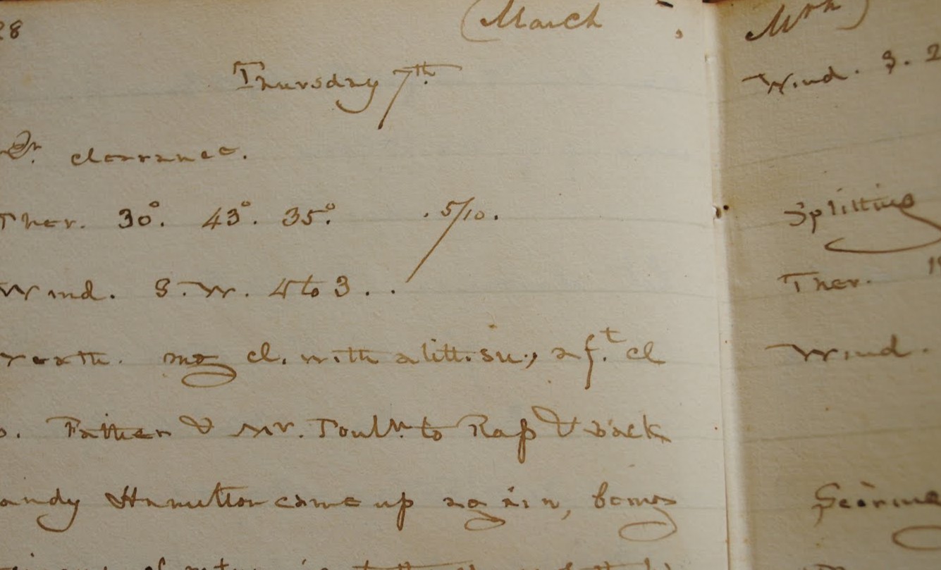 This photo shows a handwritten diary entry dated Thursday, March 7th, detailing weather observations, personal encounters, and brief notes on daily activities.