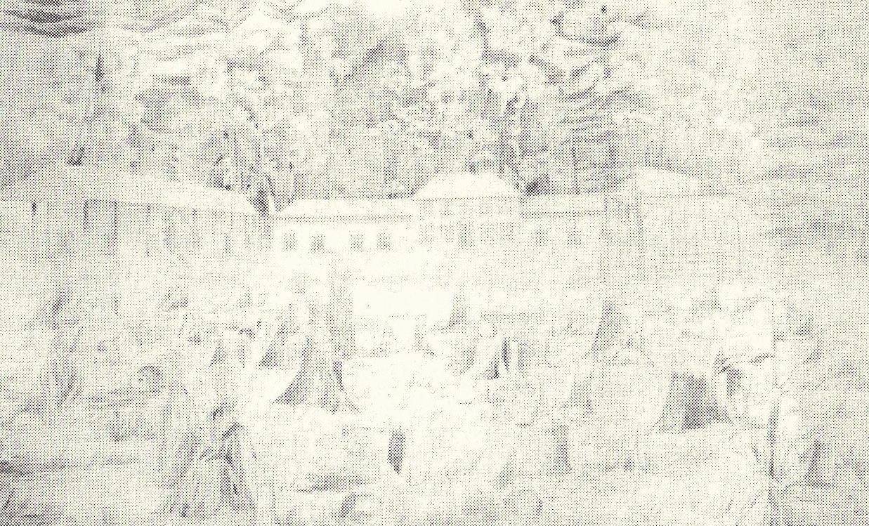 A faded or low-contrast historical pencil sketch depicting a large building surrounded by forest and people engaged in outdoor activities, likely representing an early settlement or institutional scene.