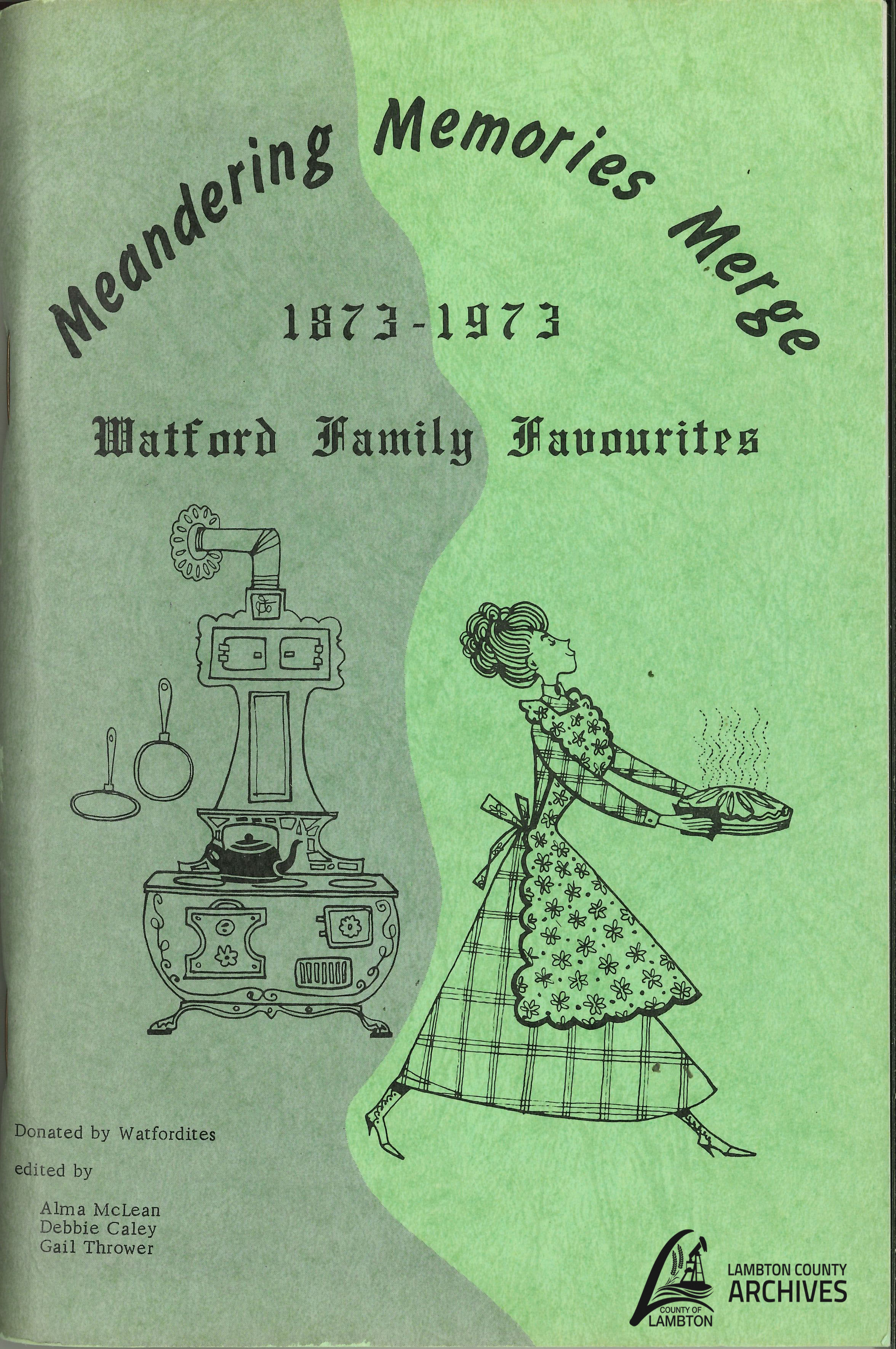 Green cover of cookbook with drawing of an old stove and a woman holding a pie