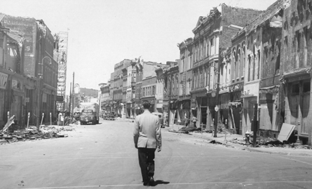 damaged buildings in the aftermath of the 1953 tornado in downtown Sarnia, Ontario.