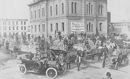 Black and white image of cars, horse and wagons.