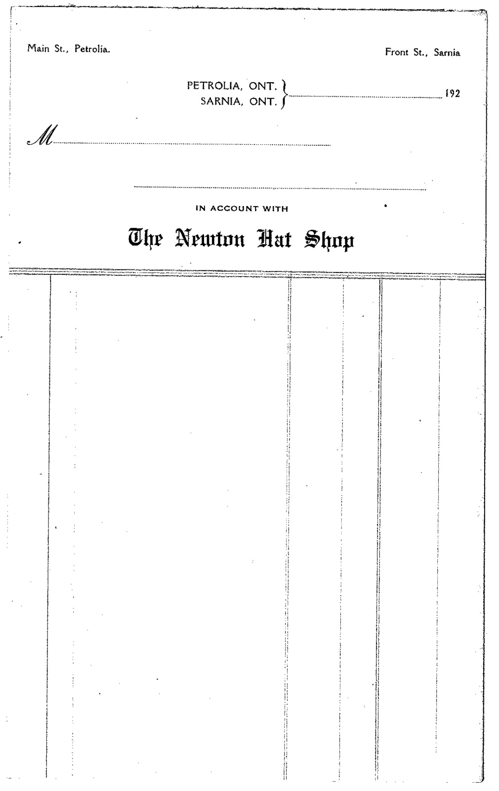 A copy of the Petrolia Hat Shop invoice.