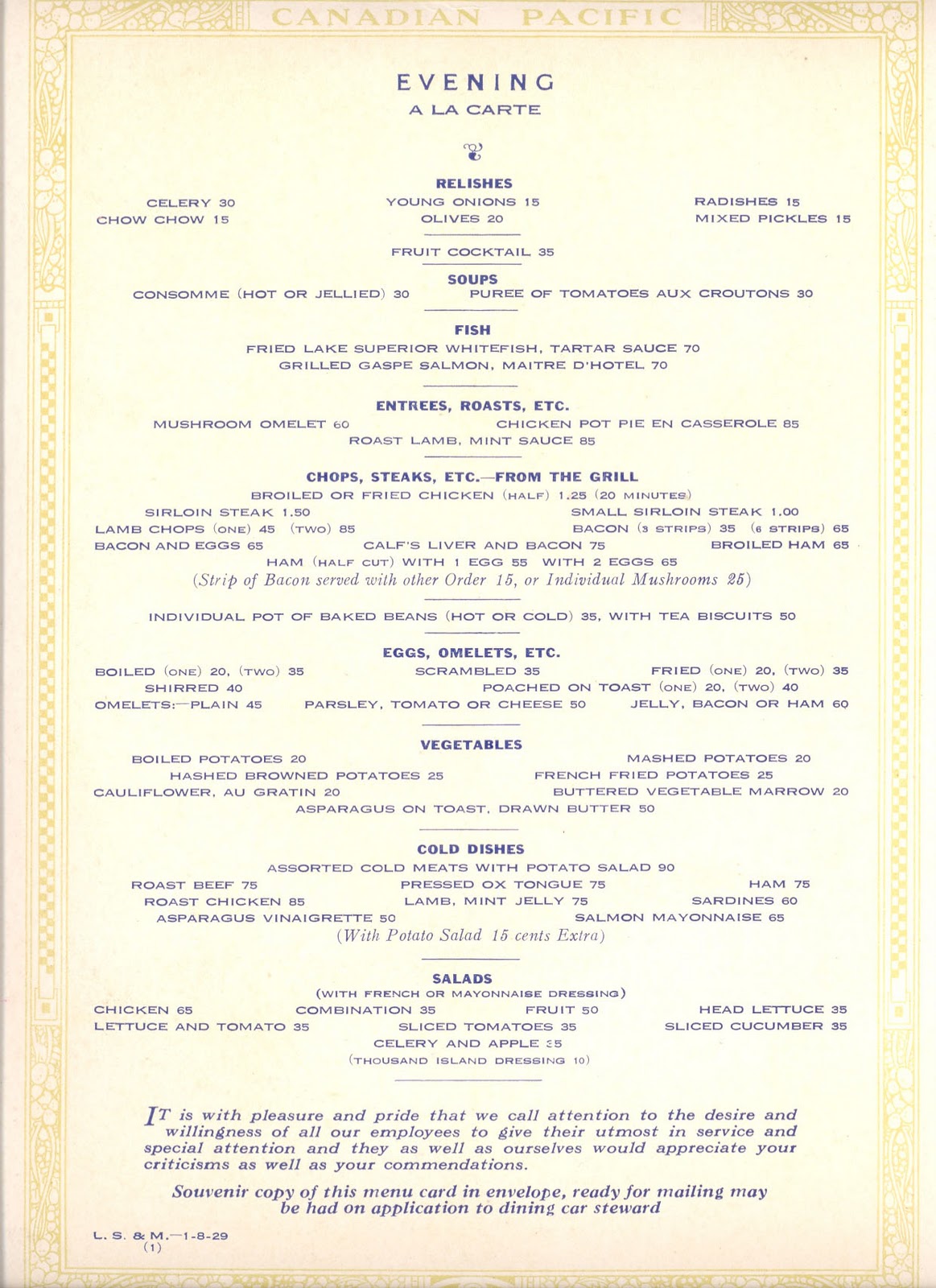 Hotel menu.