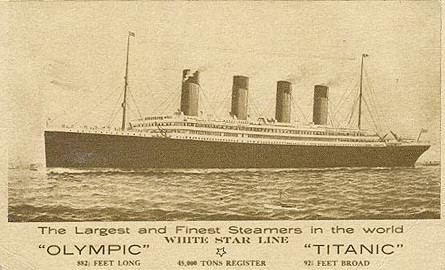 A sepia-toned postcard featuring an image of a grand boat on the water with an advertisement of the Olympic and the Titanic, largest and finest steamers in the world.