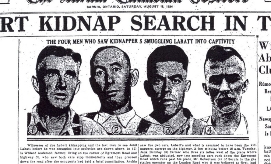 A black-and-white newspaper clipping featuring a photo of John S. Labatt, a wealthy London brewer, above a headline reporting his kidnapping and $150,000 ransom demand, with Hugh Labatt awaiting contact from the abductors in a Toronto hotel.