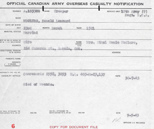 Official Canadian Army Overseas Casualty Notification