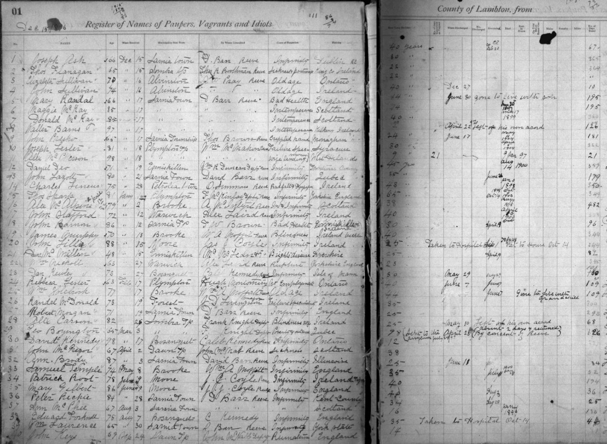 House of Refuge Records A handwritten ledger titled "Register of Names of Paupers, Vagrants and Idiots," listing individuals admitted to a county institution, with columns detailing names, dates, origins, conditions, and other personal information.
