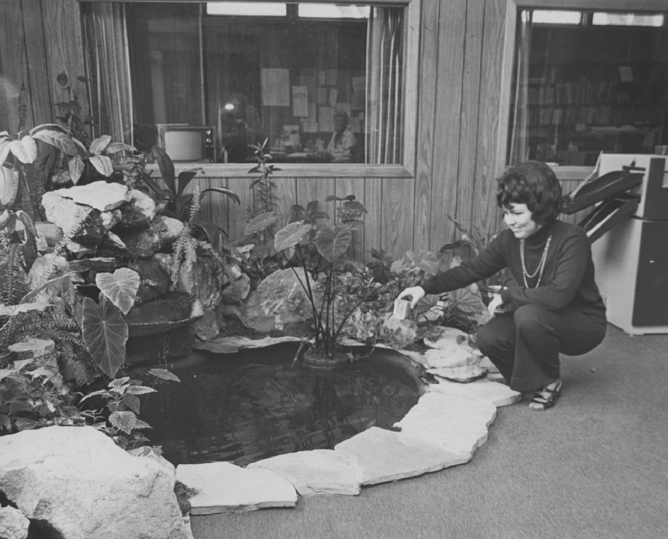 Eunice Hall tending indoor fish pond and garden, 1974.