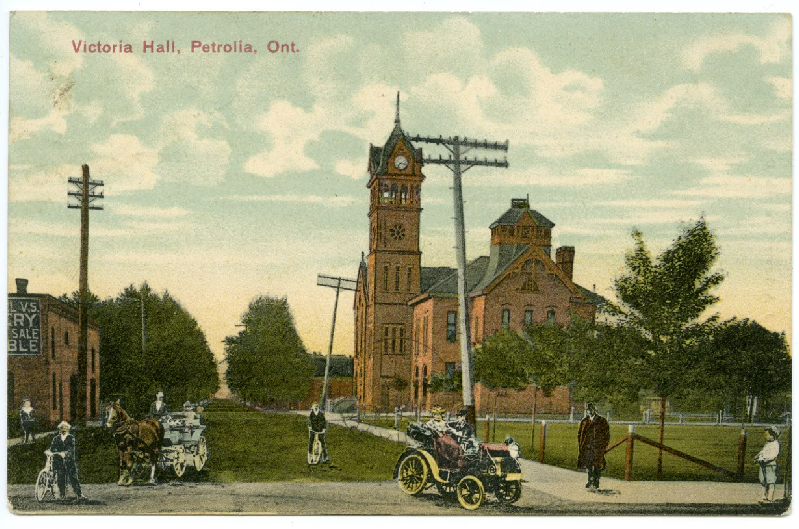 Postcard of Victoria Hall in Petrolia