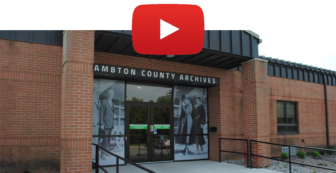 Front of Lambton County Archives with YouTube logo.