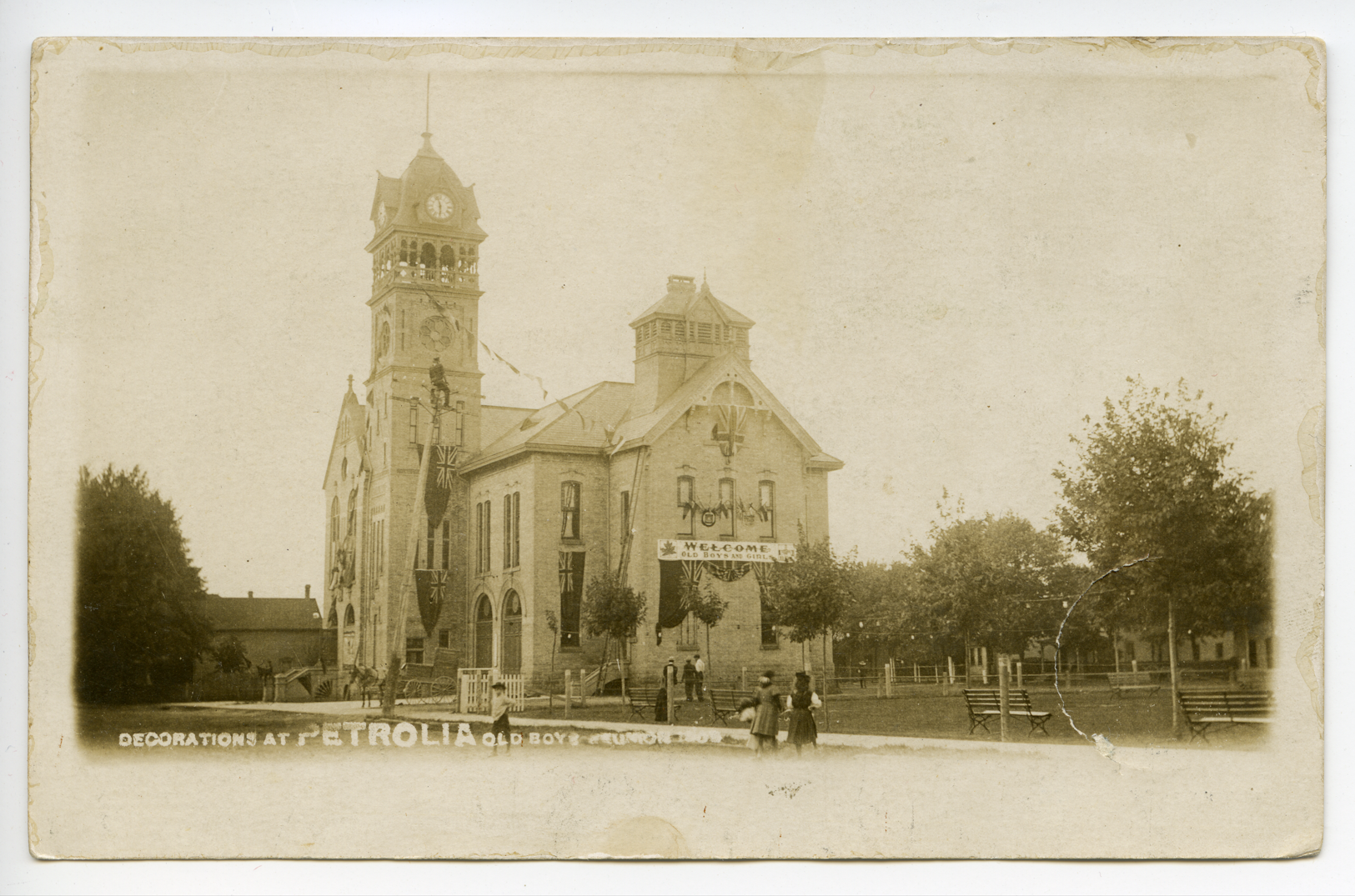 Postcard of Victoria Hall in Petrolia