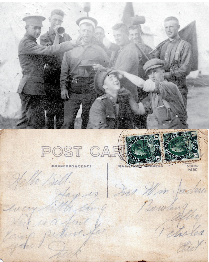 Black and white post card with five men in war uniforms from 1910s