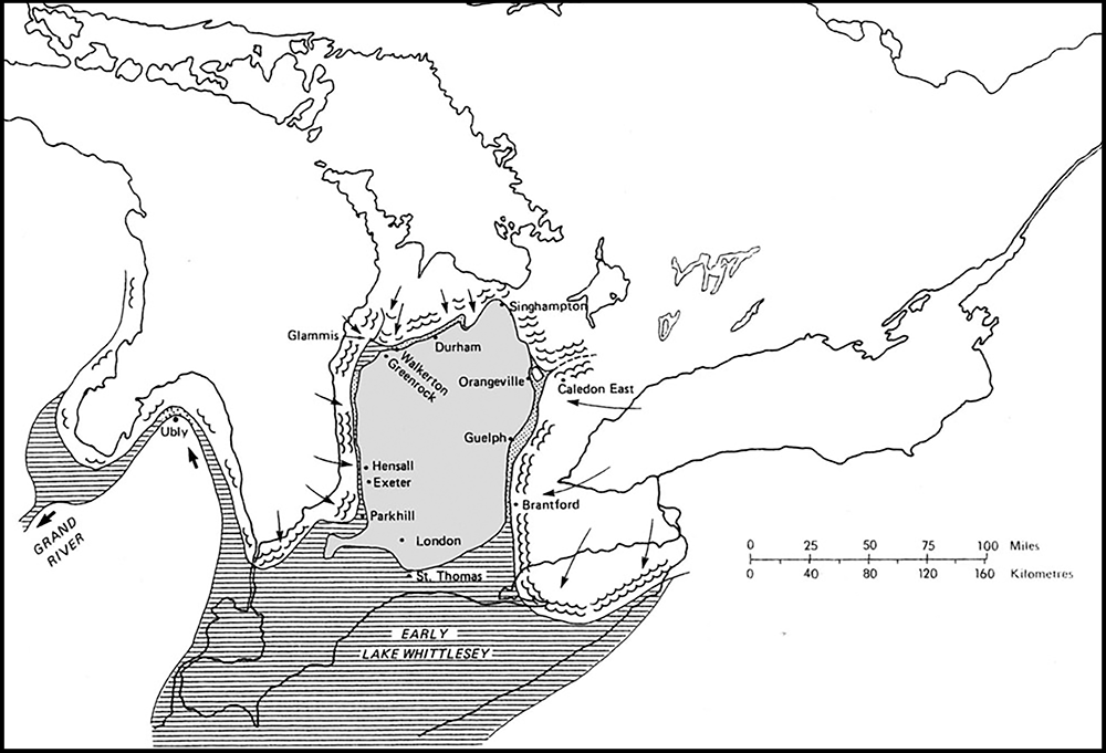 Map of Southern Ontario showing the ice fronts.