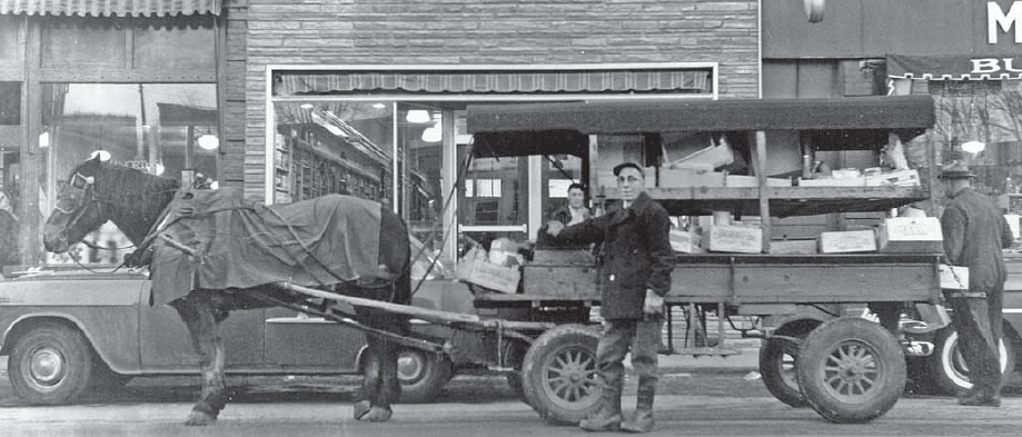 A horse pulls a covered cart filled with groceries, a man stands in front.