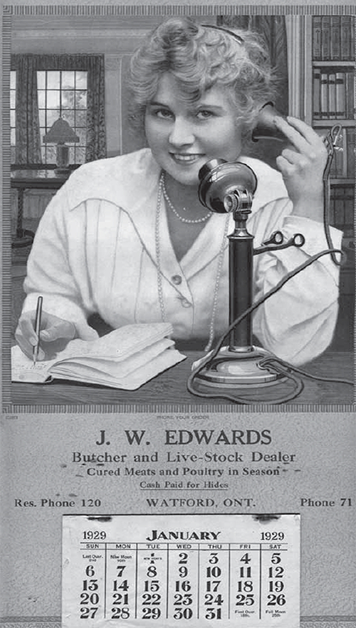J. W. Edwards calendar, 1929, with a secretary taking a call.