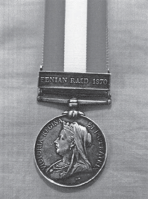 Medal struck for veterans of the Fenian Raids with Queen Victoria on it.