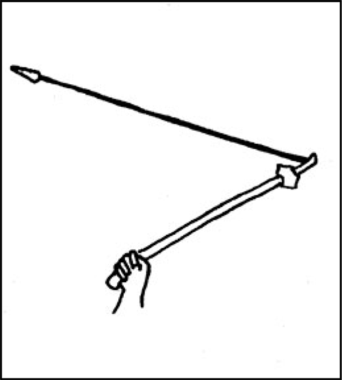 A drawing of an atlatyl, a spear thrower.