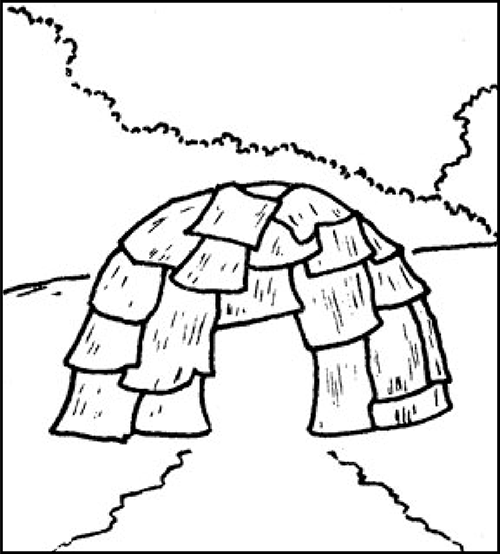Drawing of a bark wigwam.