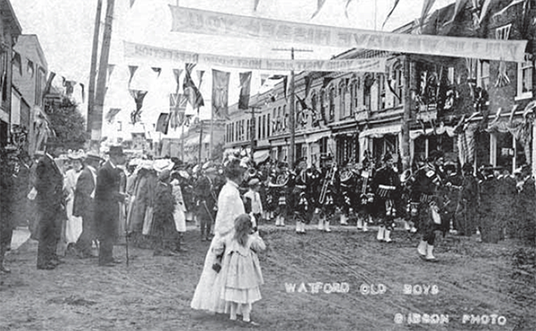 Main street Watford decorated for the Old Boys Reunion.