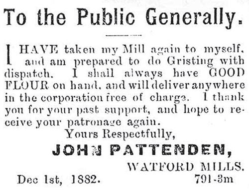 Printed message from John Pattenden of Watford Mills.